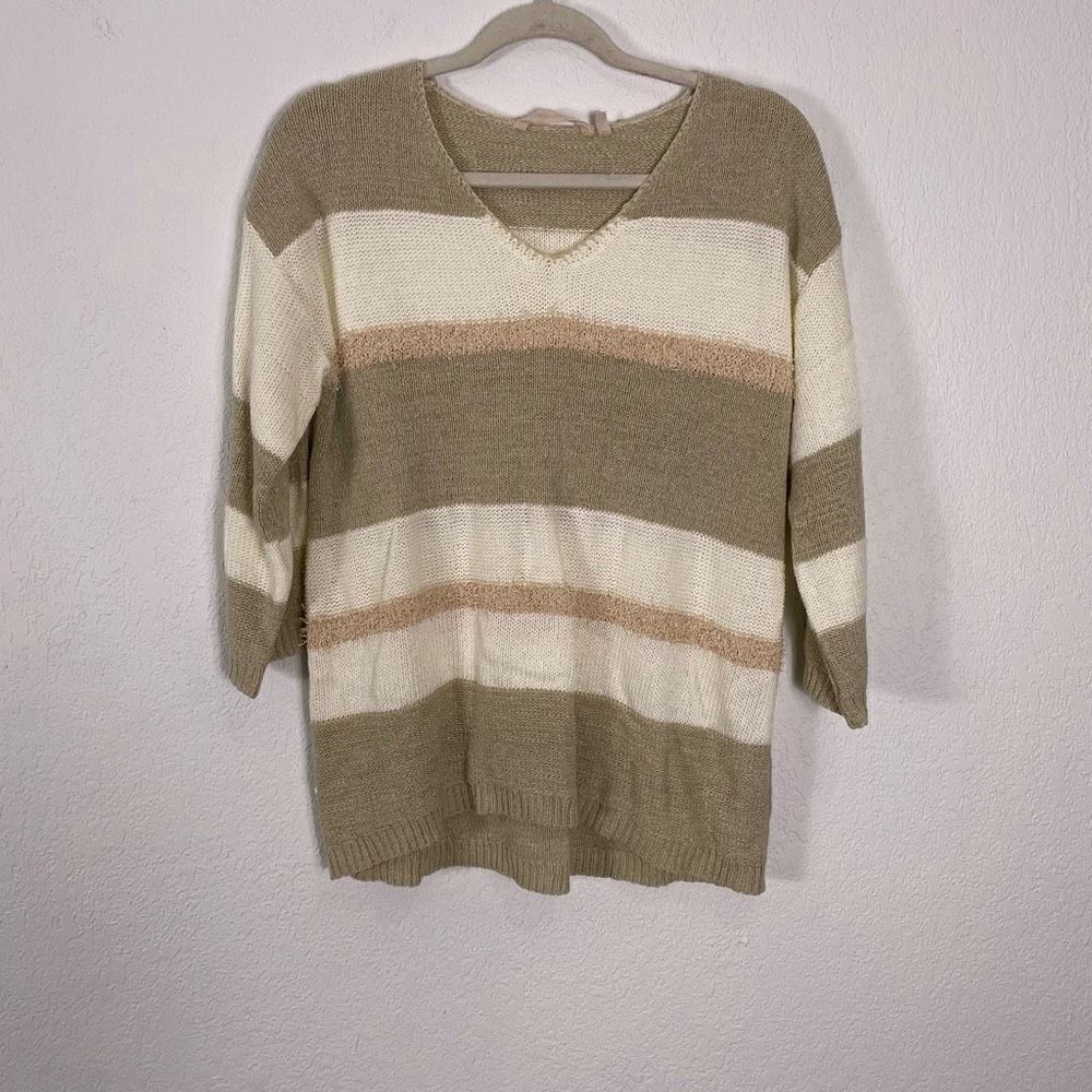 Soft Surroundings Tan & Light Brown Striped V Neck Pullover 3/4 Length Sleeve M